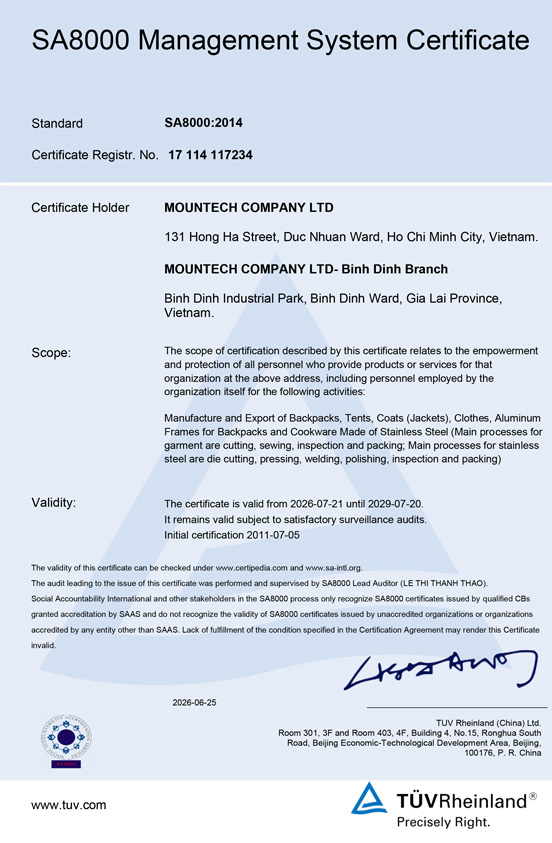 SA8000:2014 Zertifikat für die Mountech Company LTD in Vietnam. Gültig bis 20,.07.2029. Erstzertifizierung war 2011.