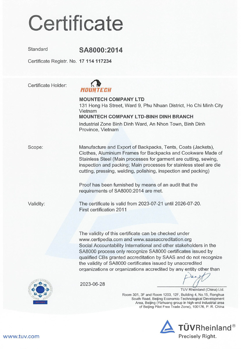 SA8000:2014 Certificate for the Mountech Company LTD in Vietnam. Valid until 2026-07-20. First certification 2011.