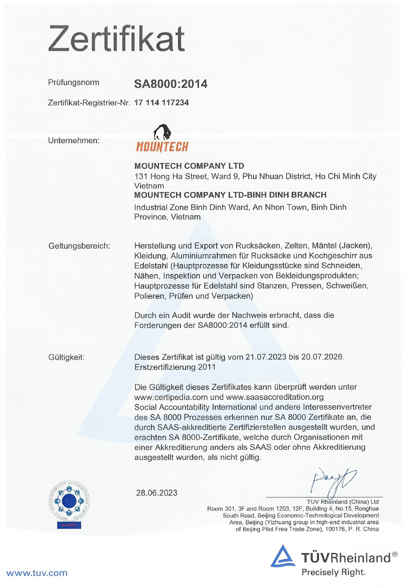 SA8000:2014 Zertifikat für die Mountech Company LTD in Vietnam. Gültig bis 20,.07.2026. Erstzertifizierung war 2011.