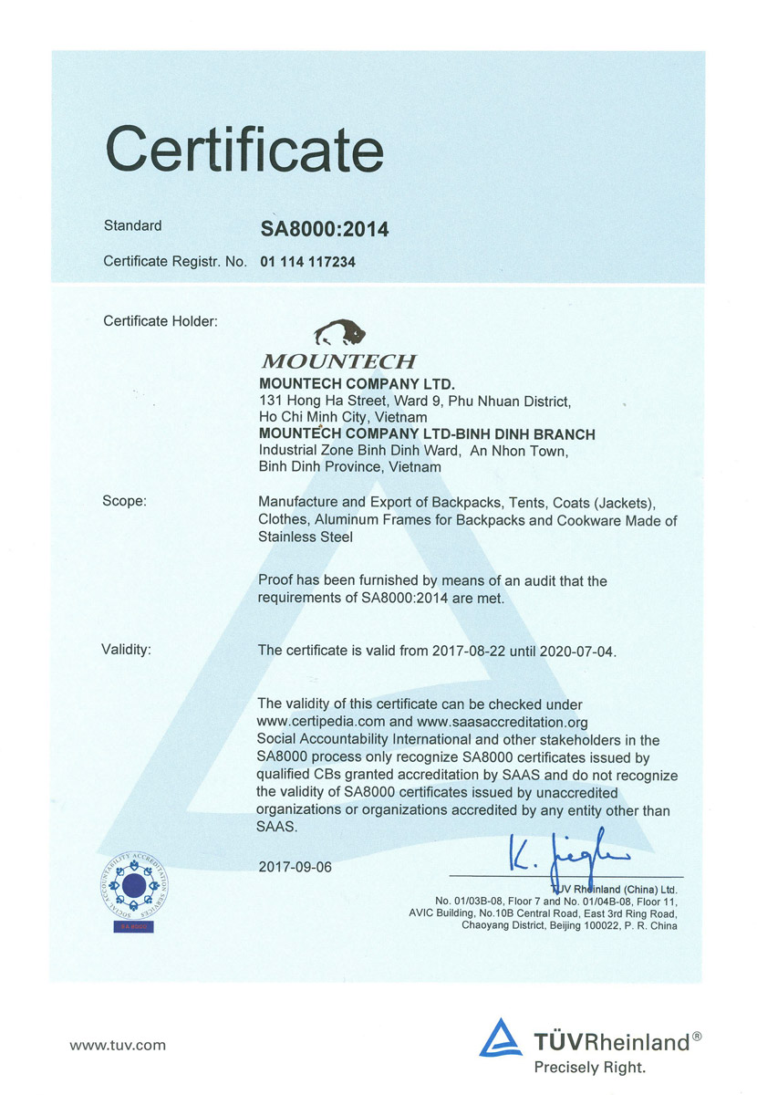 SA 8000:2014 Certificate